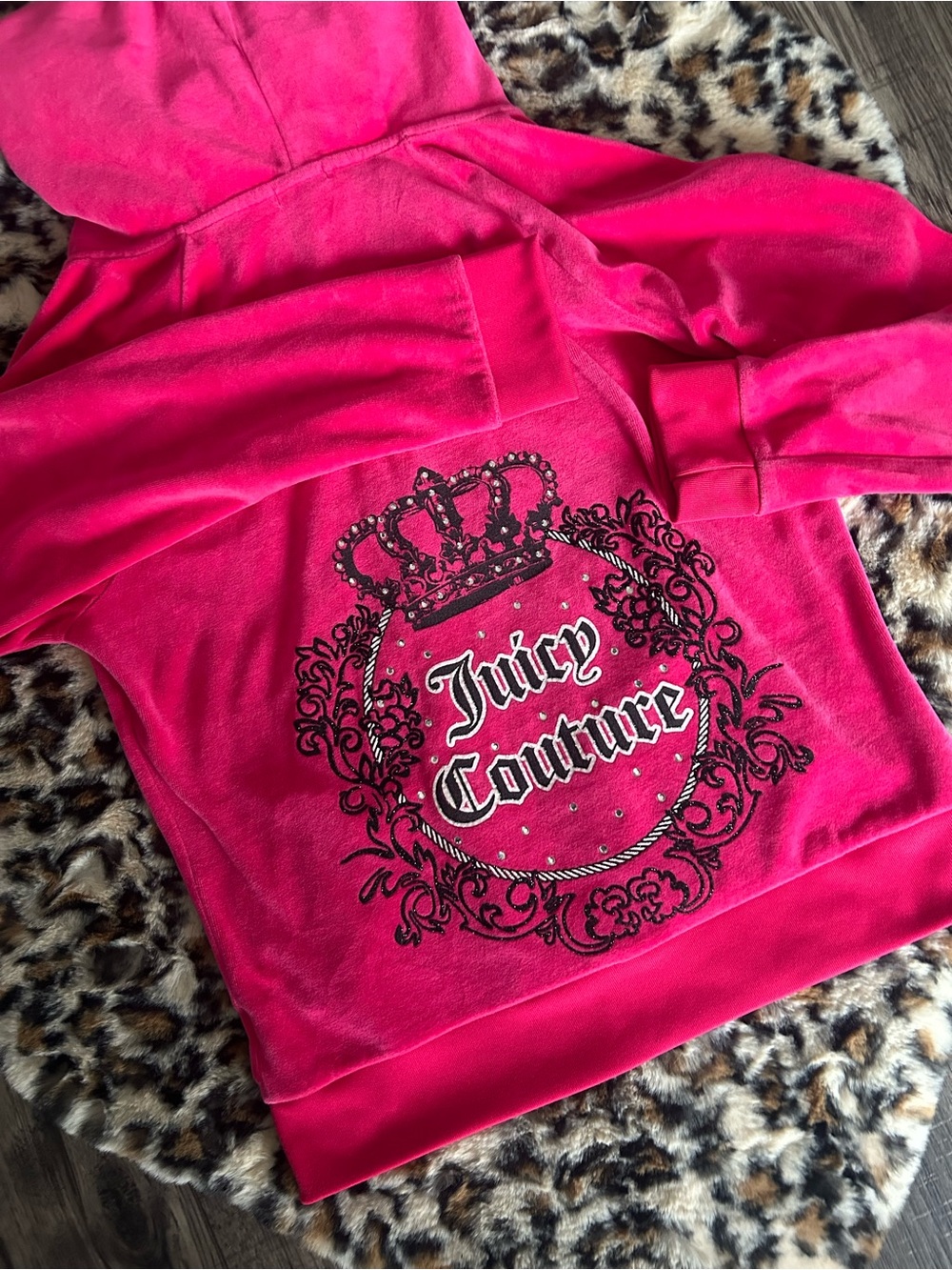Juicy Couture Hot Pink Velour Zip Sweater with Rhinestones and Logo Design